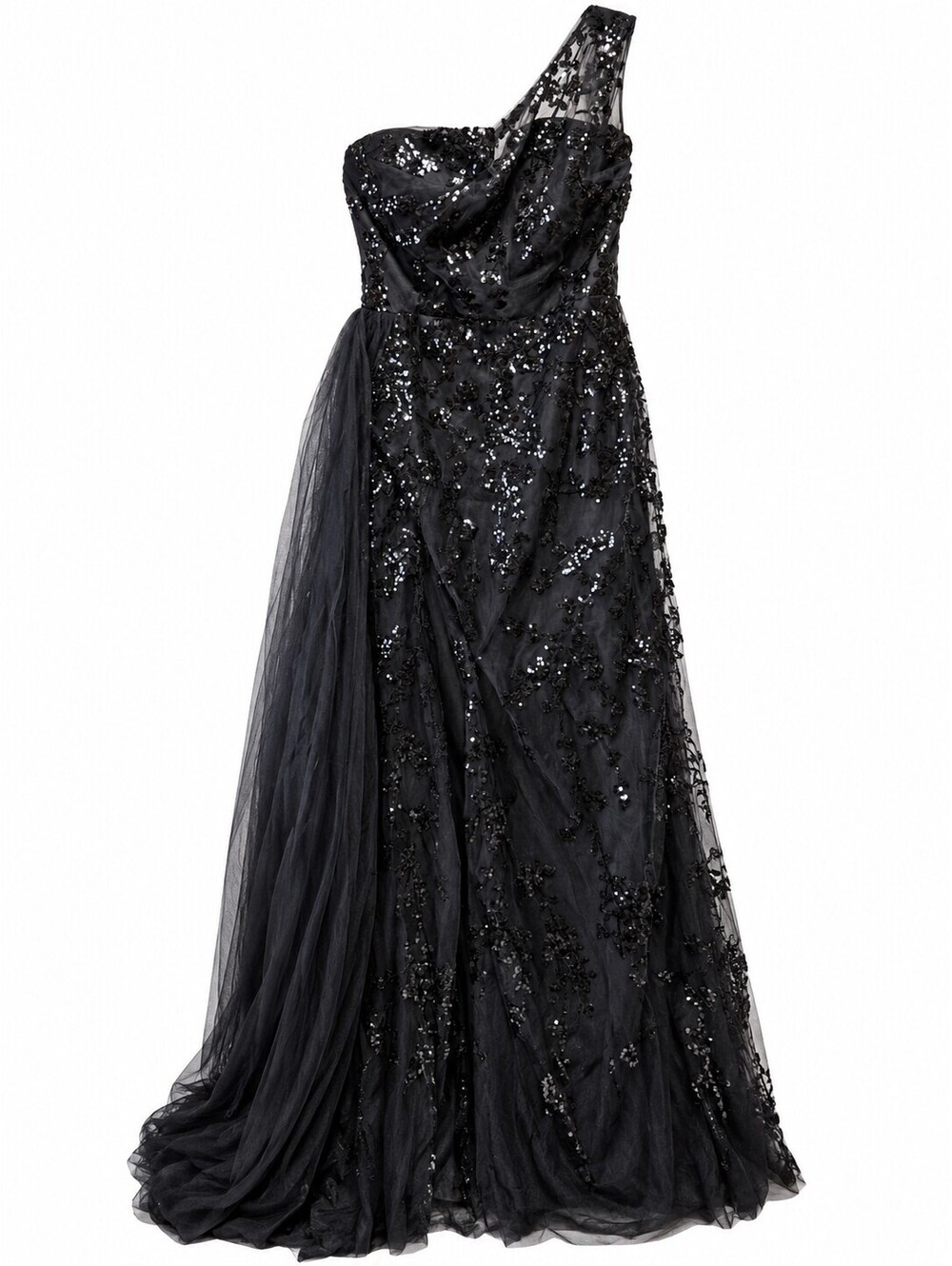 Ladyce Black One-Shoulder Evening Gown with Sequin and Tulle Details, Size L